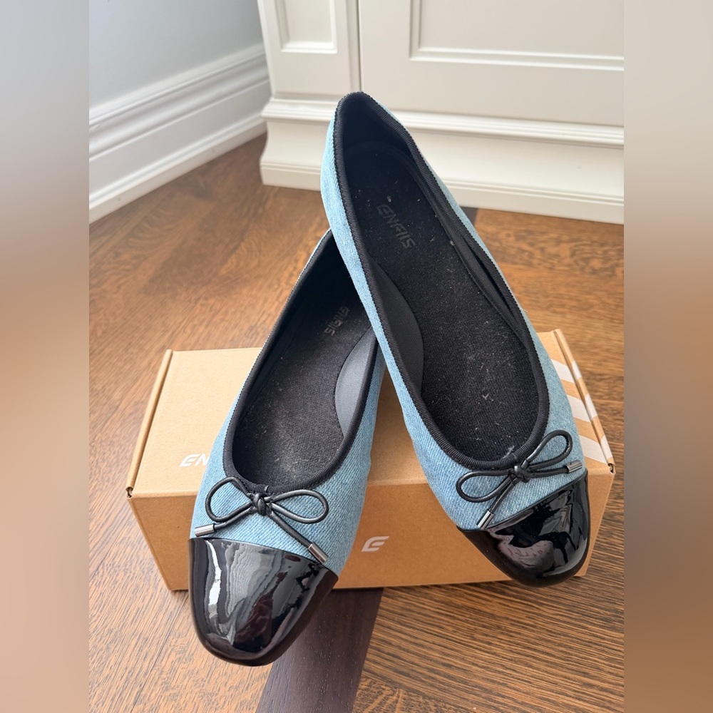 ENFIIS Light Blue Washed Denim Cross-Head Ballet Flats Narrow Women’s Size 11